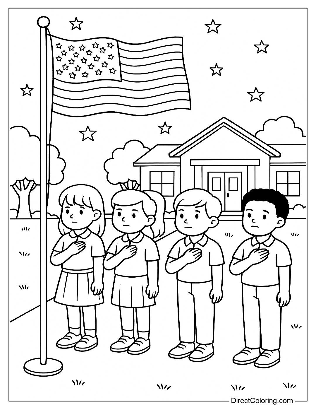 Coloring page of a flag-raising scene in the schoolyard in the morning, students standing solemnly